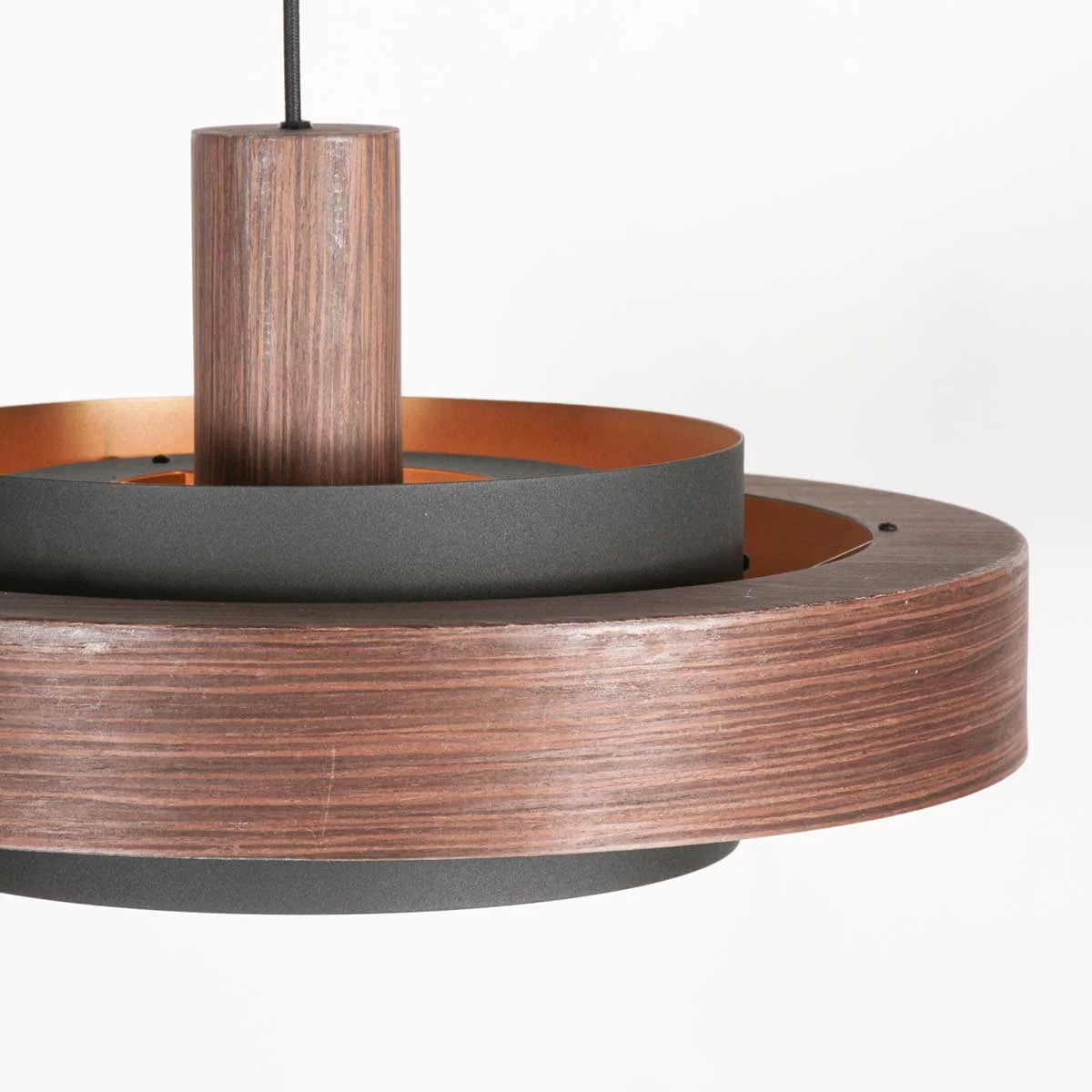 Suspension en bois chêne avec abat-jour en cuivre et gris, design élégant Ø50 cm