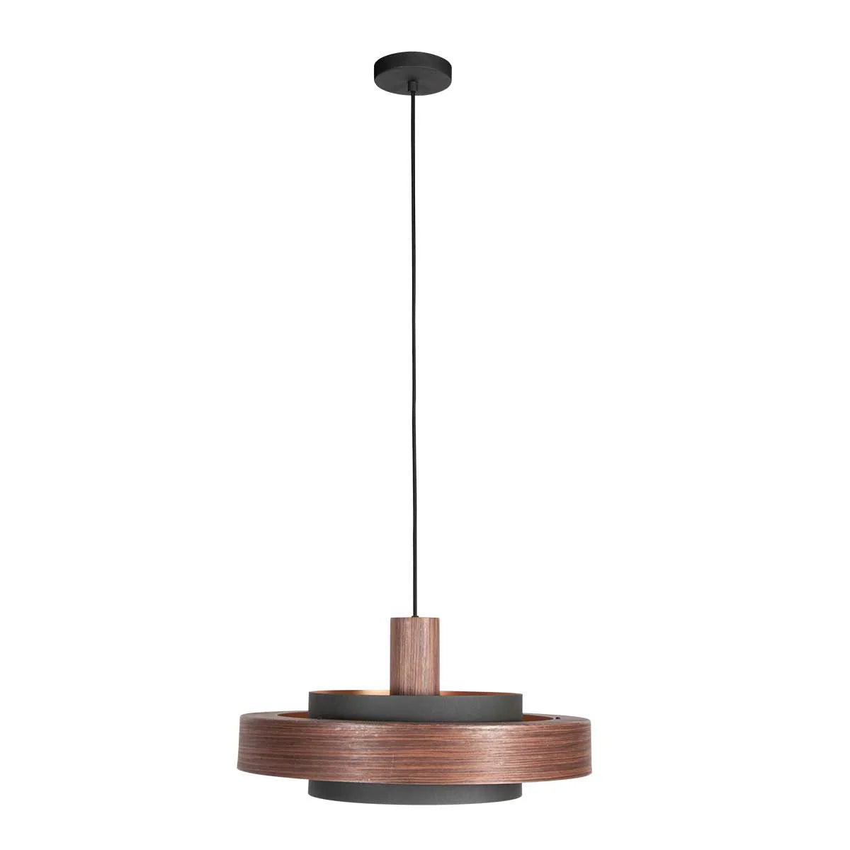 Suspension en bois chêne et intérieur doré avec luminaire suspendu en cuivre et noir