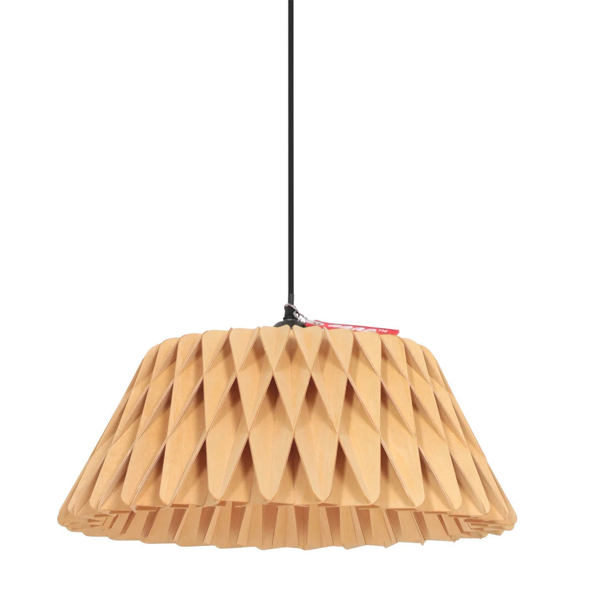 Abat-jour en bois géométrique naturel avec câble noir pour suspension design Ø46 cm