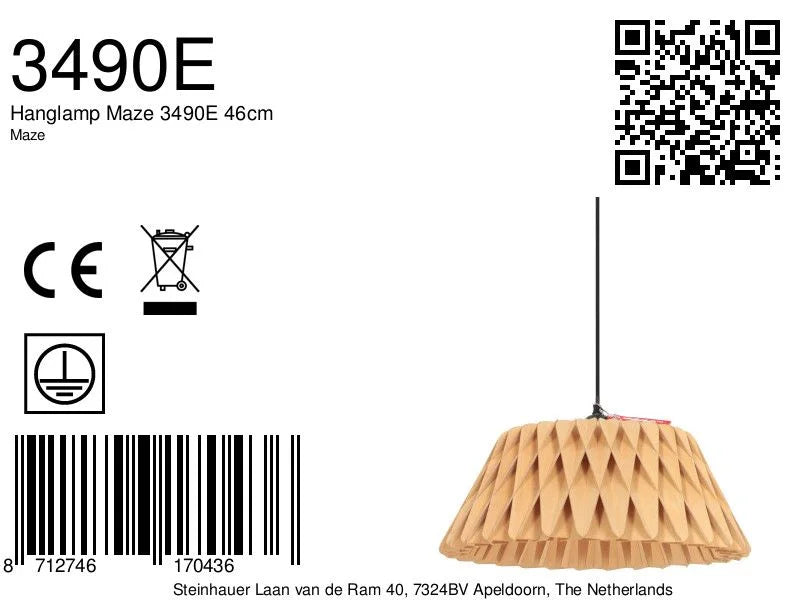 Suspension en bois naturel avec lampe labyrinthique suspendue, design ondulé et câble noir