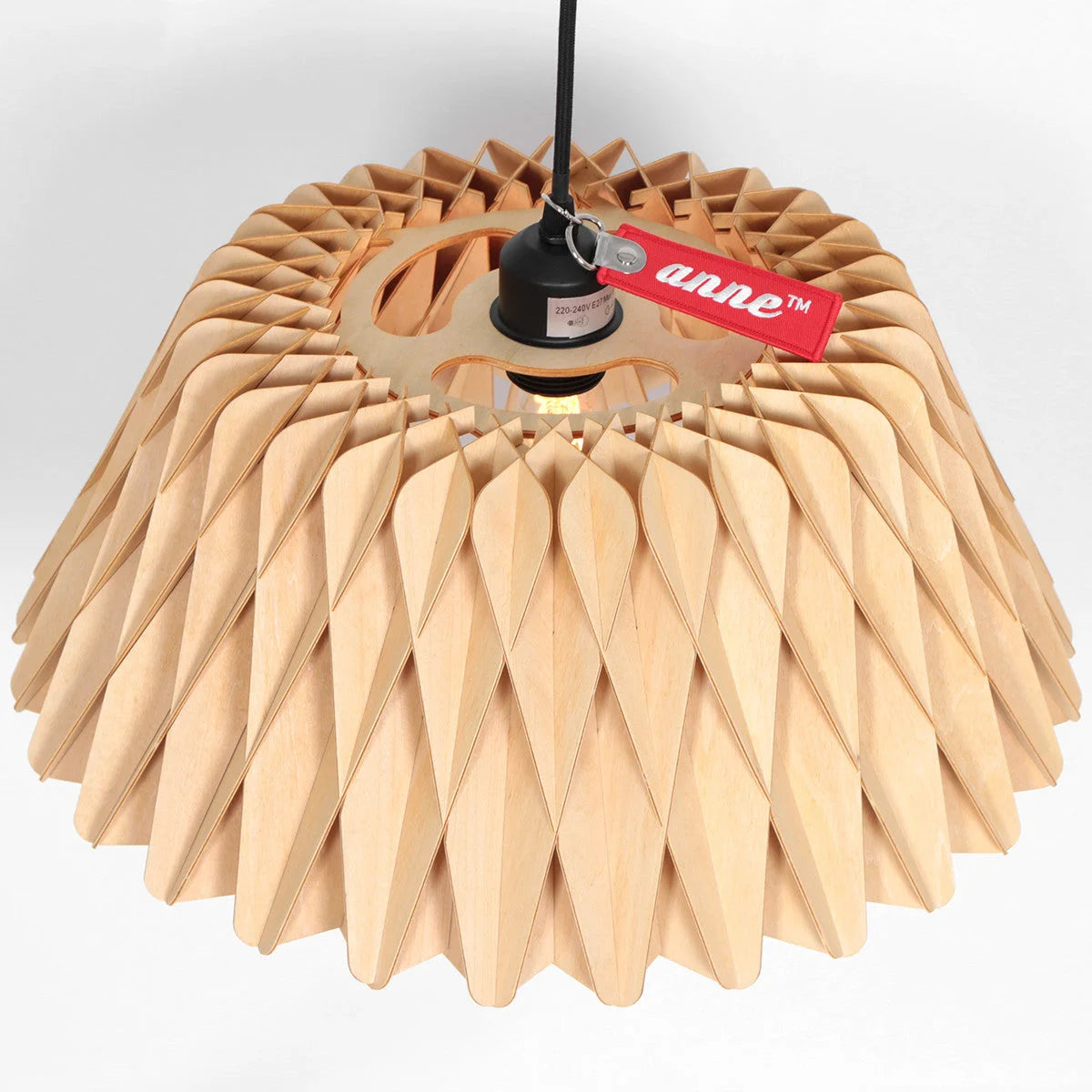 Lampe suspendue en bois naturel avec câble noir design ondulé Ø46 cm
