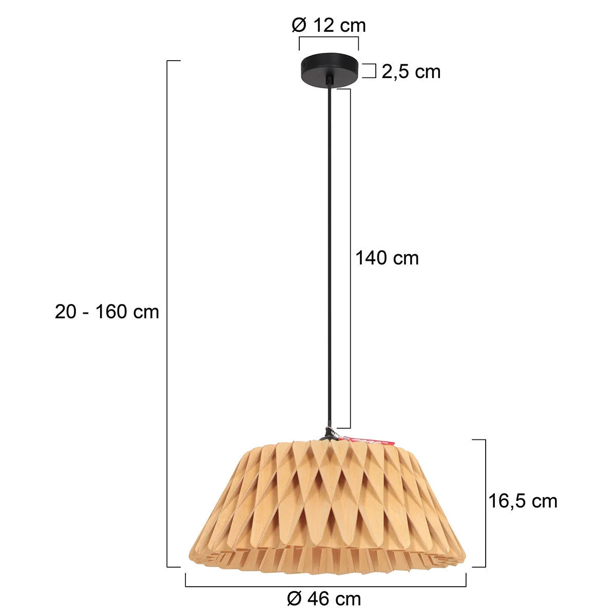 Suspension en bois naturel avec dimensions, design ondulé, câble noir, Ø46 cm