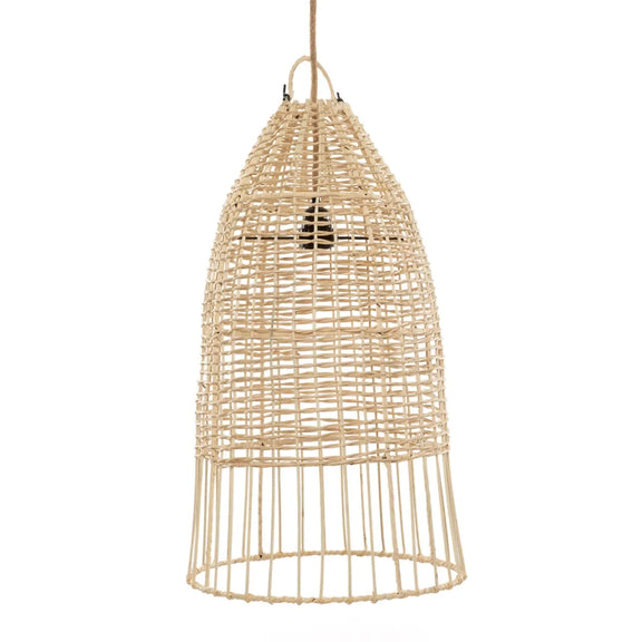 Suspension cage en rotin naturel 60 cm forme élancée avec luminaire en rotin tissé