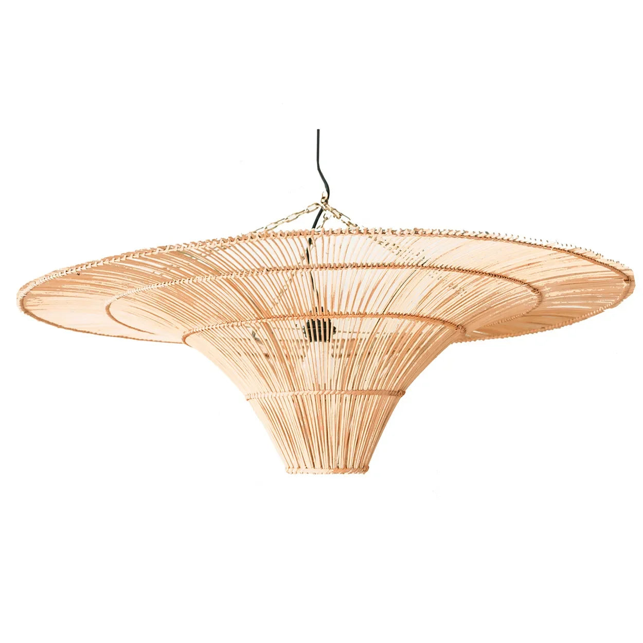 Suspension circulaire en rotin ajouré naturel XXL avec luminaire suspendu en rotin