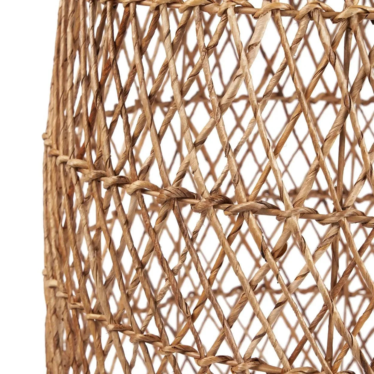 Panier en fibres naturelles tressées suspendu conique avec motif croisé, H70 cm
