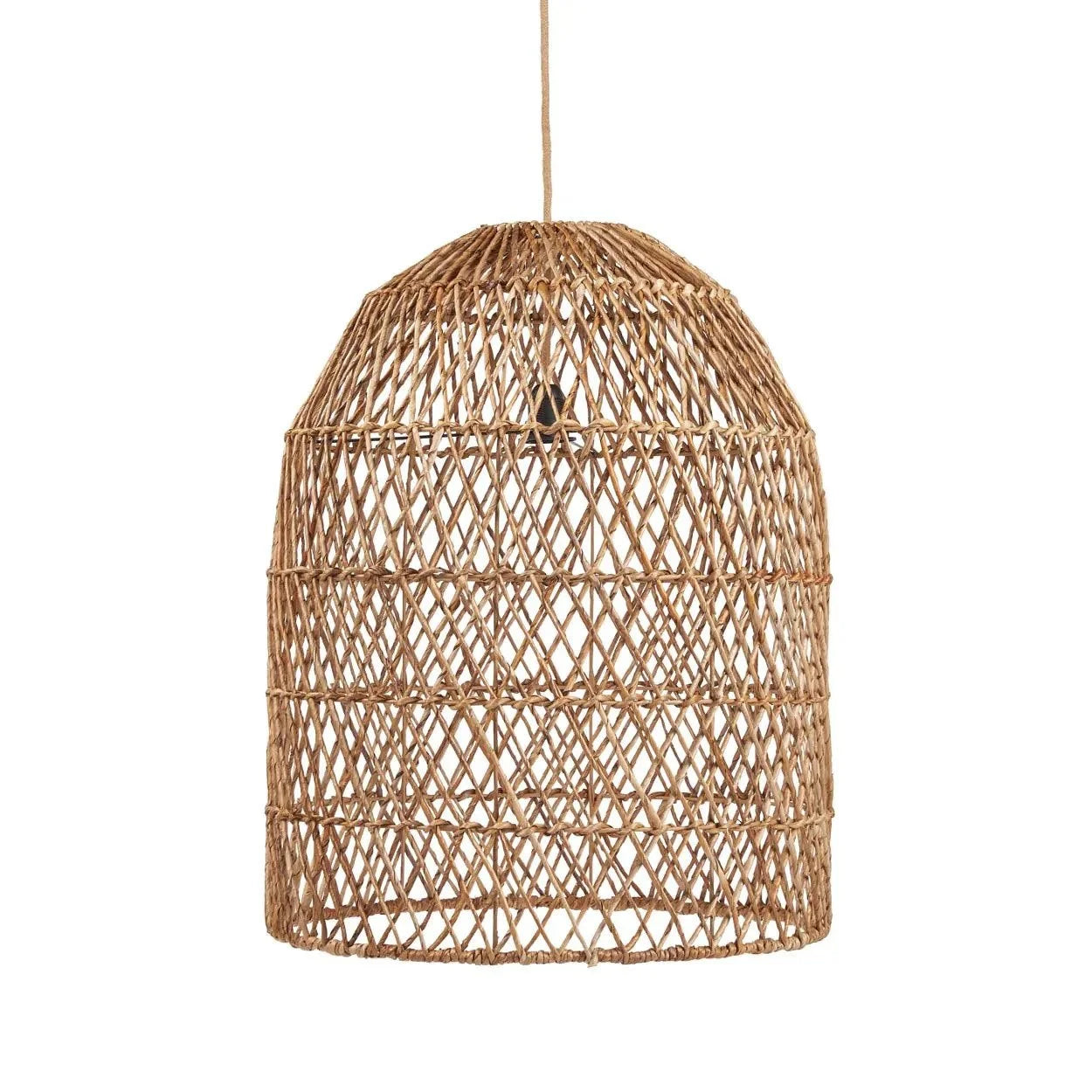 Suspension conique en feuille de bananier tressée avec motif croisé et lampe en forme de cloche