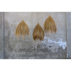 Suspensions coniques en fibre naturelle beige suspendues contre un mur en béton