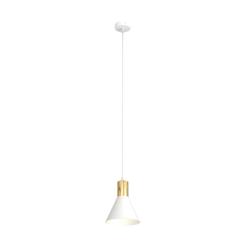 Suspension conique en métal blanc et doré pour salon ou cuisine – H140 cm
