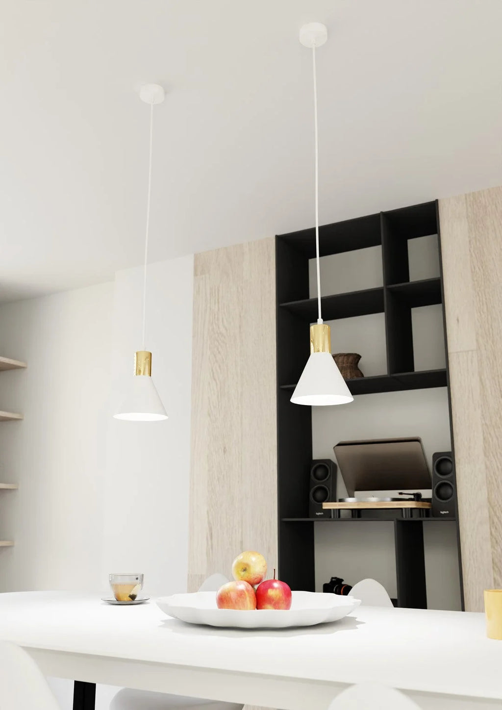 Lampe conique blanche en métal avec accents dorés, H140 cm pour salon ou cuisine