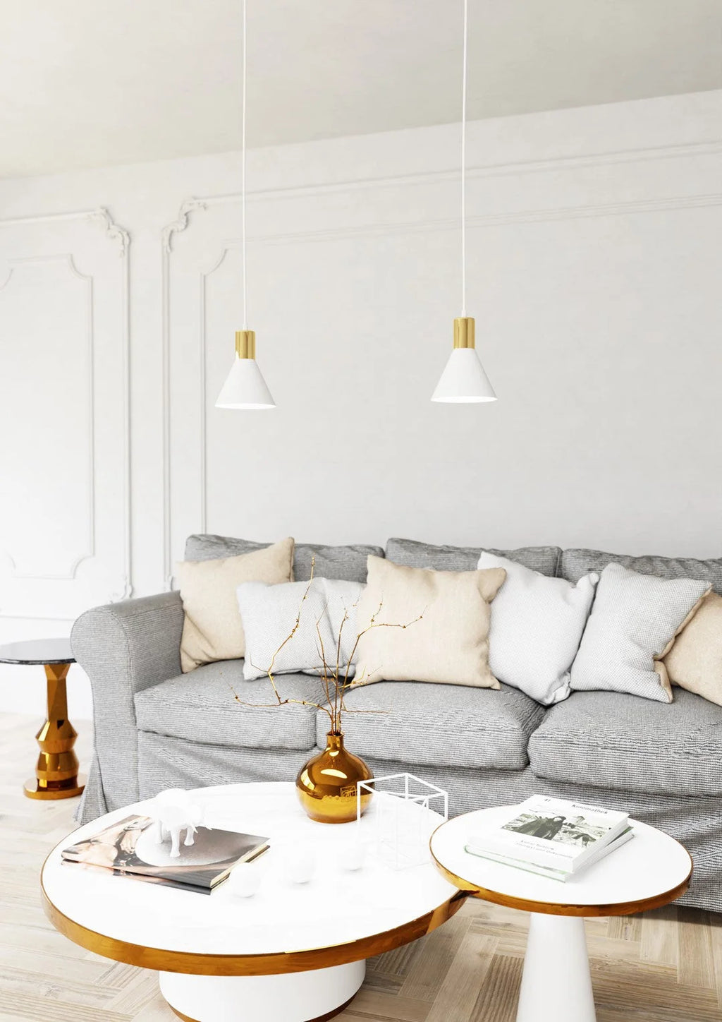 Vase céramique doré au ton chaud, col élancé et corps rond, avec branches sèches