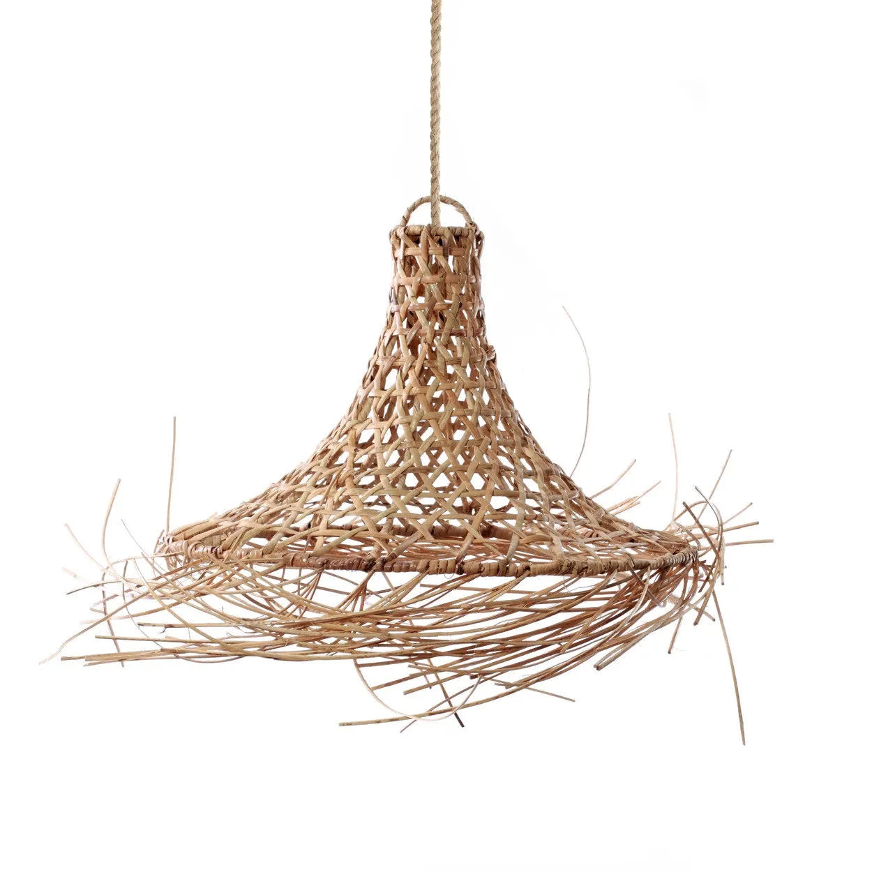 Suspension conique en rotin tressé naturel avec franges effilochées, 40x30 cm