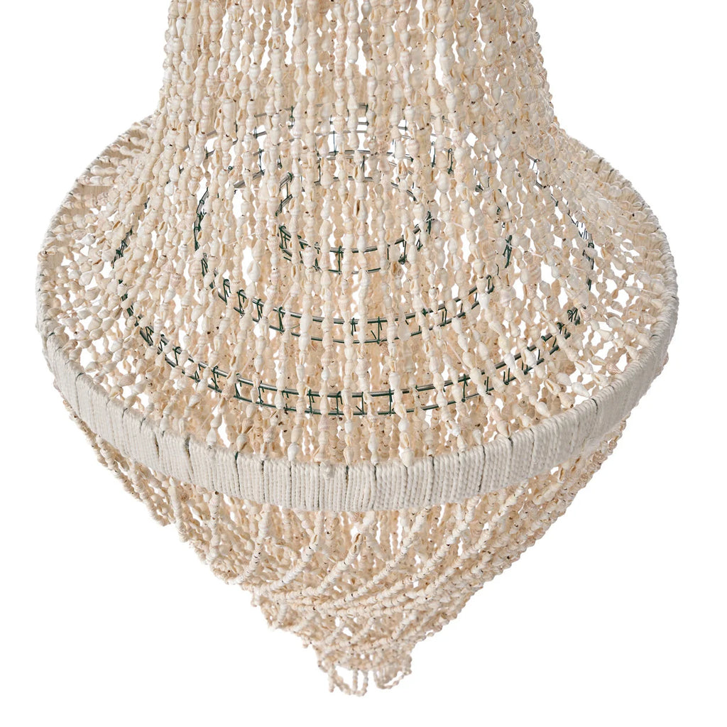 Lustre en coquillages beiges en cascade, tissage intricé, H85 cm