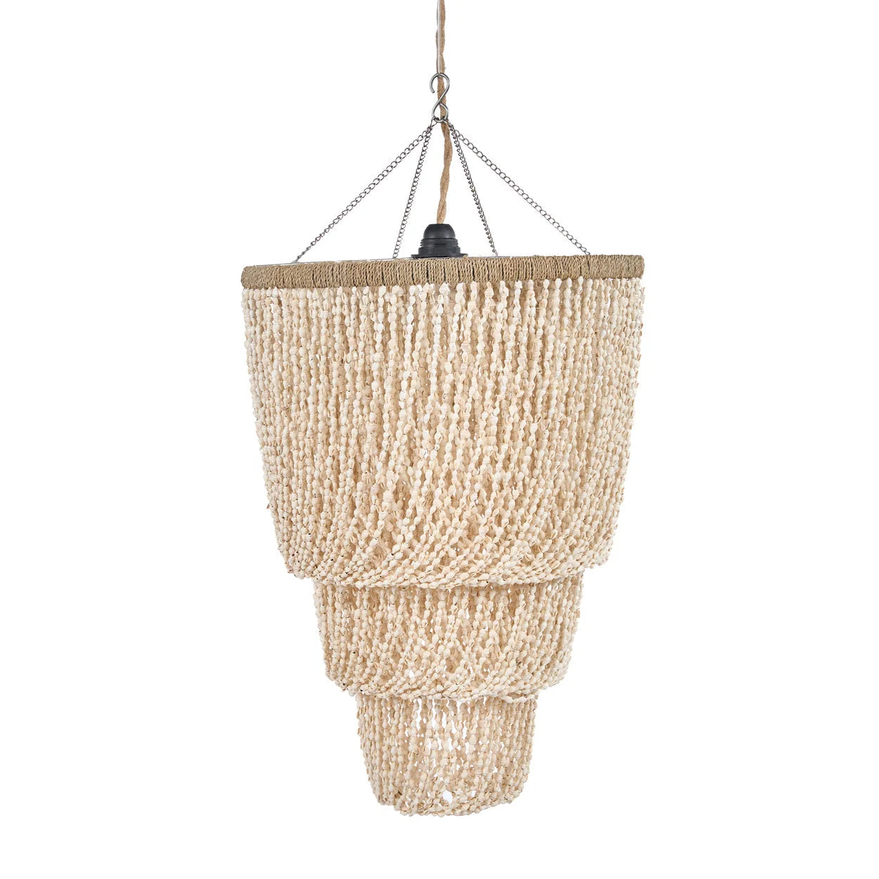 Suspension en coquillages crème tissés beige à étages coniques en fibres naturelles – H75 cm