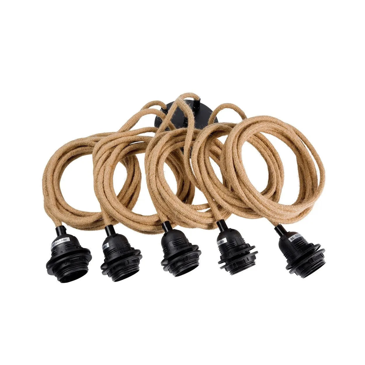 Suspension en corde de jute naturelle à 5 douilles noires avec câbles enroulés