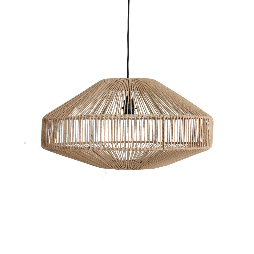 Suspension en corde naturelle ajourée beige sable, Ø60 cm, design hexagonal en rotin
