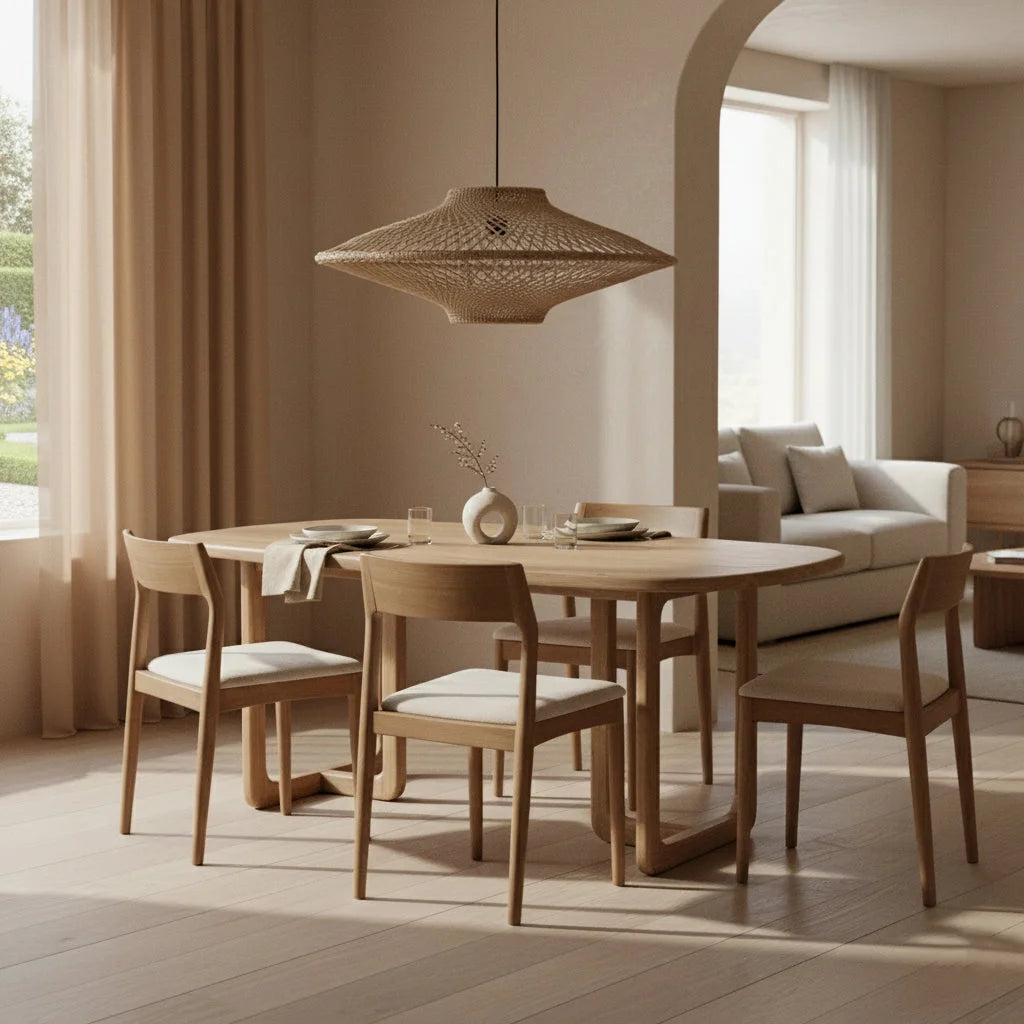 Suspension en rattan tressé forme soucoupe ajourée Ø80 cm au-dessus table en bois