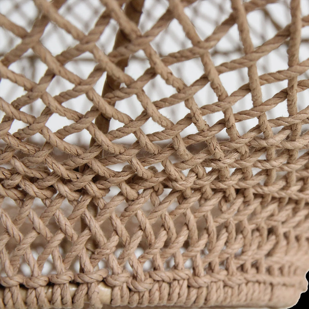 Sac en filet de corde tissée beige naturel, forme soucoupe ajourée Ø80 cm