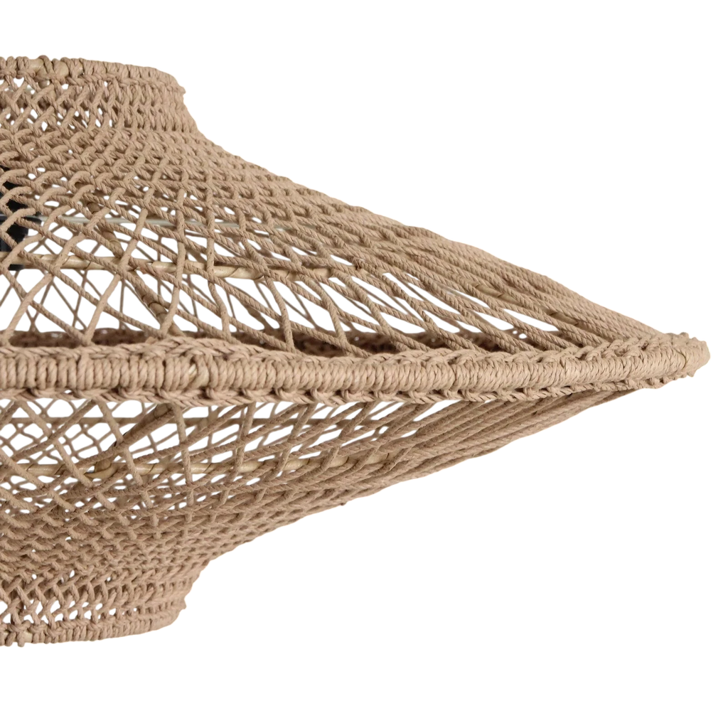 Lampe pendentif macramé beige en corde tressée naturelle forme soucoupe ajourée Ø80 cm
