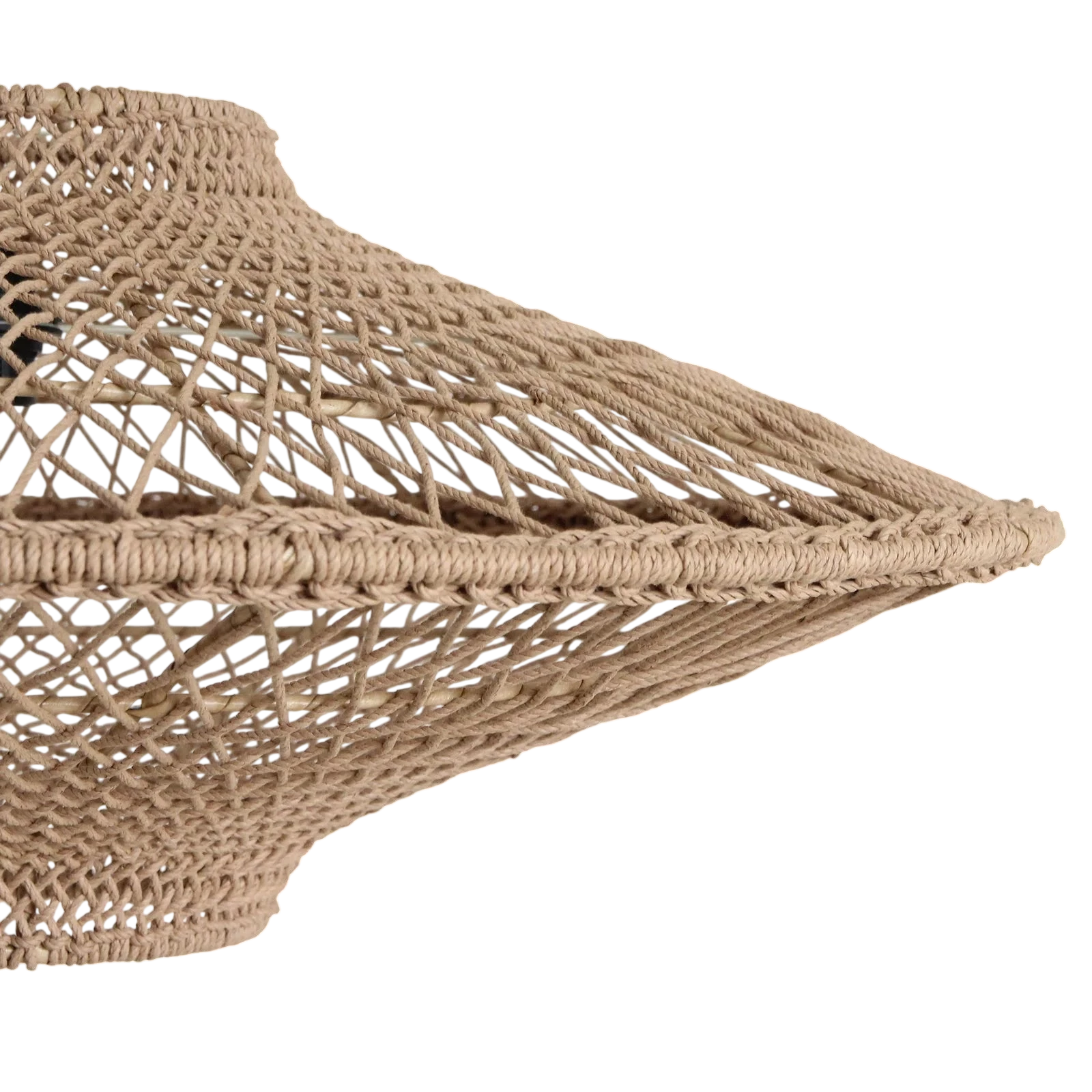 Lampe pendentif macramé beige en corde tressée naturelle forme soucoupe ajourée Ø80 cm