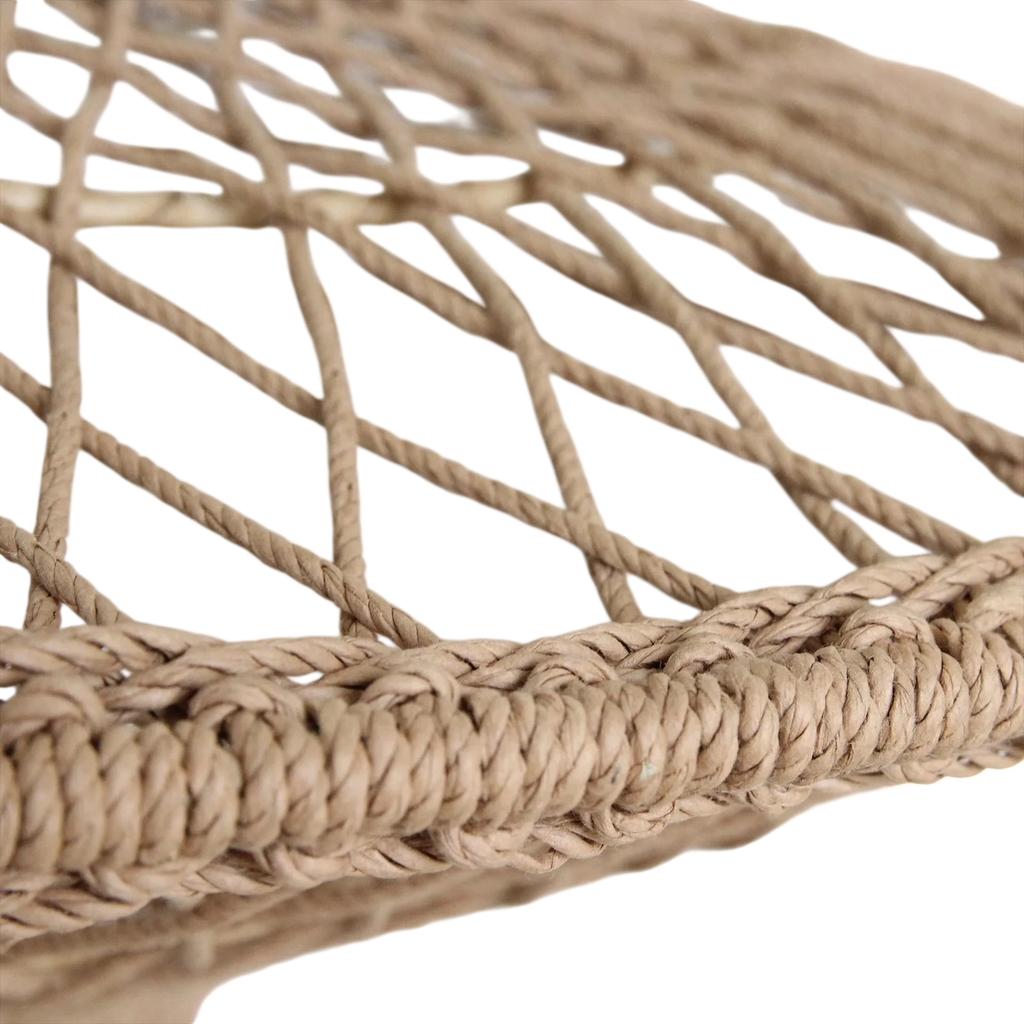 Siège hamac en corde tissée beige avec bord tressé, suspension soucoupe ajourée Ø80 cm