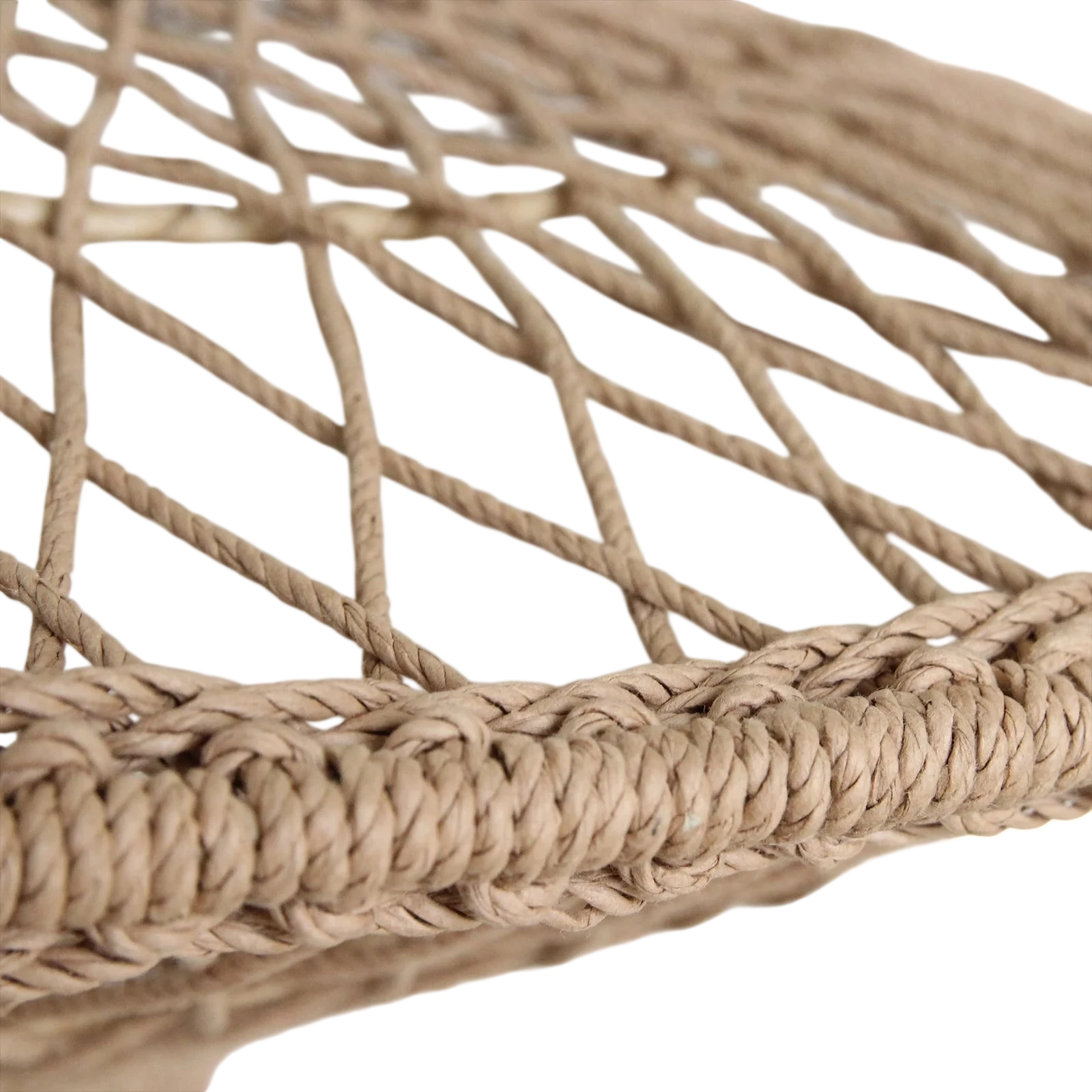 Siège hamac en corde tissée beige avec bord tressé, suspension soucoupe ajourée Ø80 cm