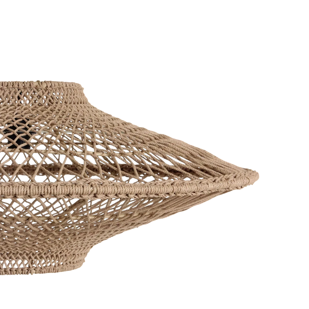 Suspension en corde tressée beige naturelle, forme soucoupe ajourée Ø80 cm