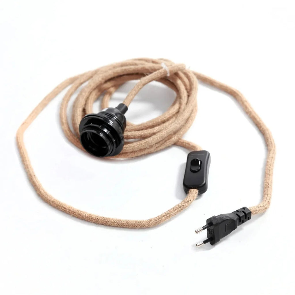 Cordon d’alimentation tressé beige avec douille noire E27 et interrupteur, 450 cm