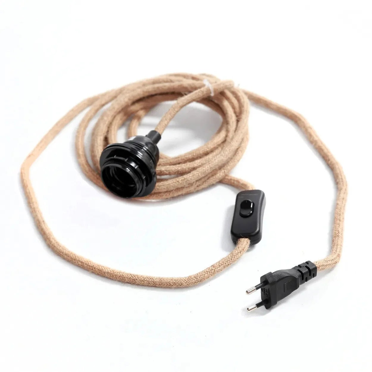 Cordon d’alimentation tressé beige avec douille noire E27 et interrupteur, 450 cm
