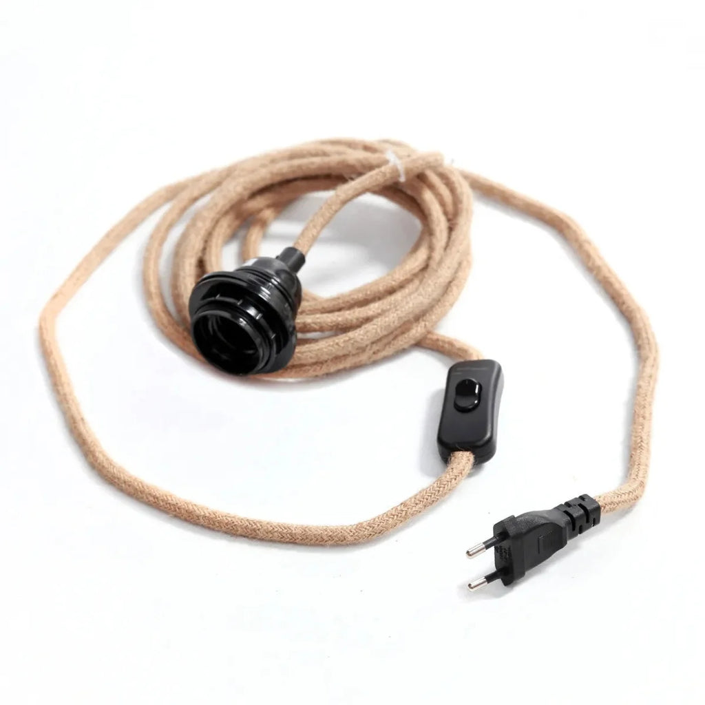 Cordon électrique en tissu beige avec douille noire E27, interrupteur et fiche 450 cm