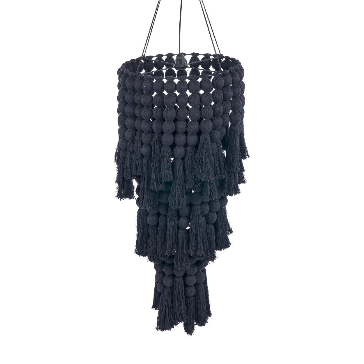Suspension en macramé noir à perles sphériques et pompons cascade, H160 cm