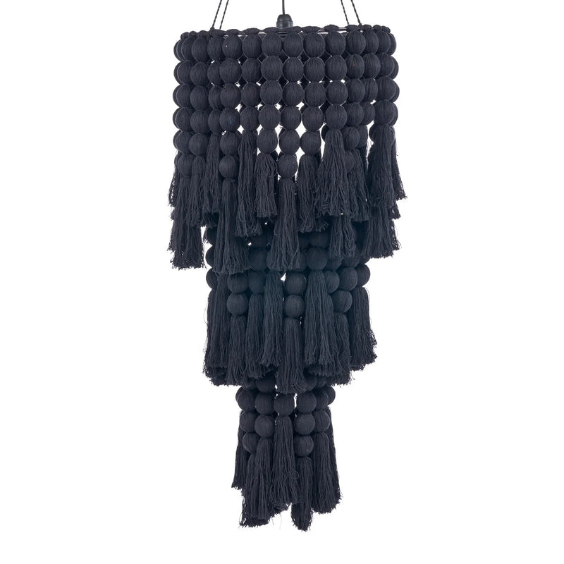 Suspension en coton noir à perles et pompons effet cascade – H160 cm