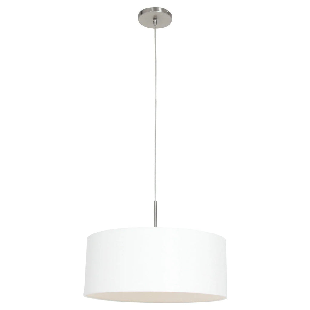 Suspension cylindre tissu blanc et métal brossé avec plafonnier en nickel brossé