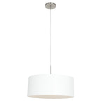 Suspension cylindre tissu blanc et métal brossé avec plafonnier en nickel brossé