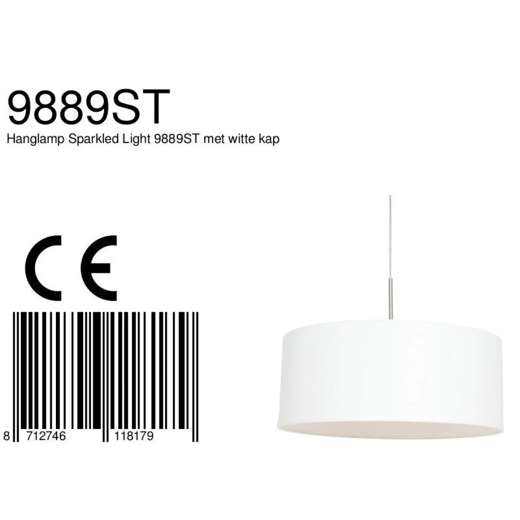Suspension cylindre en tissu blanc et métal brossé avec abat-jour en forme de tambour blanc