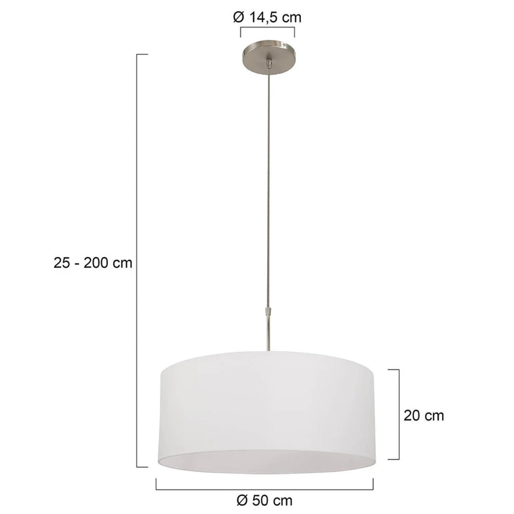 Suspension cylindre tissu blanc et métal brossé avec abat-jour en drum blanc ajustable