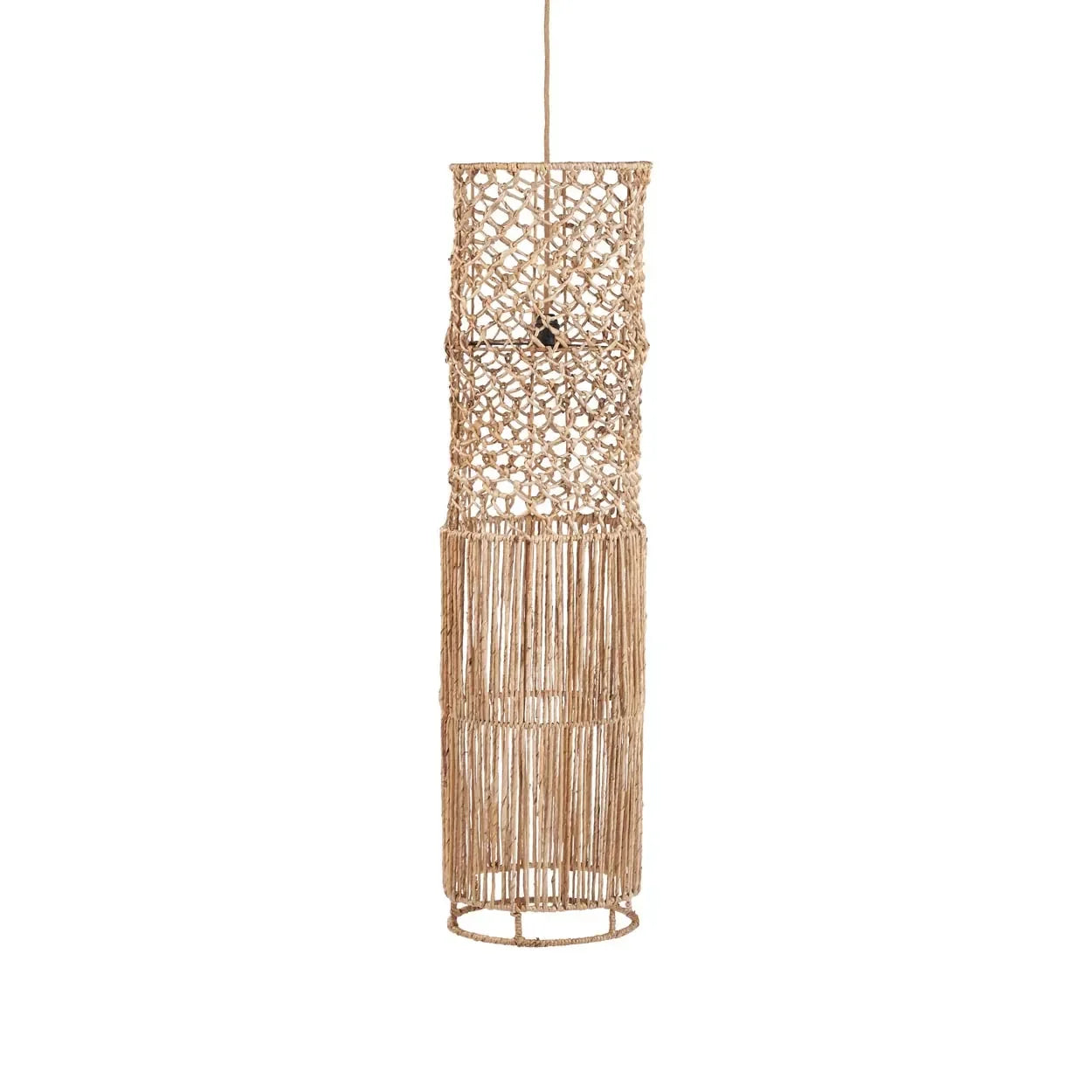 Suspension cylindrique en feuille de bananier ajourée naturelle, luminaire en rotin sustainable