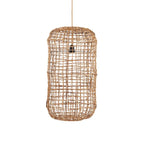 Suspension cylindrique en feuille de bananier ajourée avec lampes en coton naturel