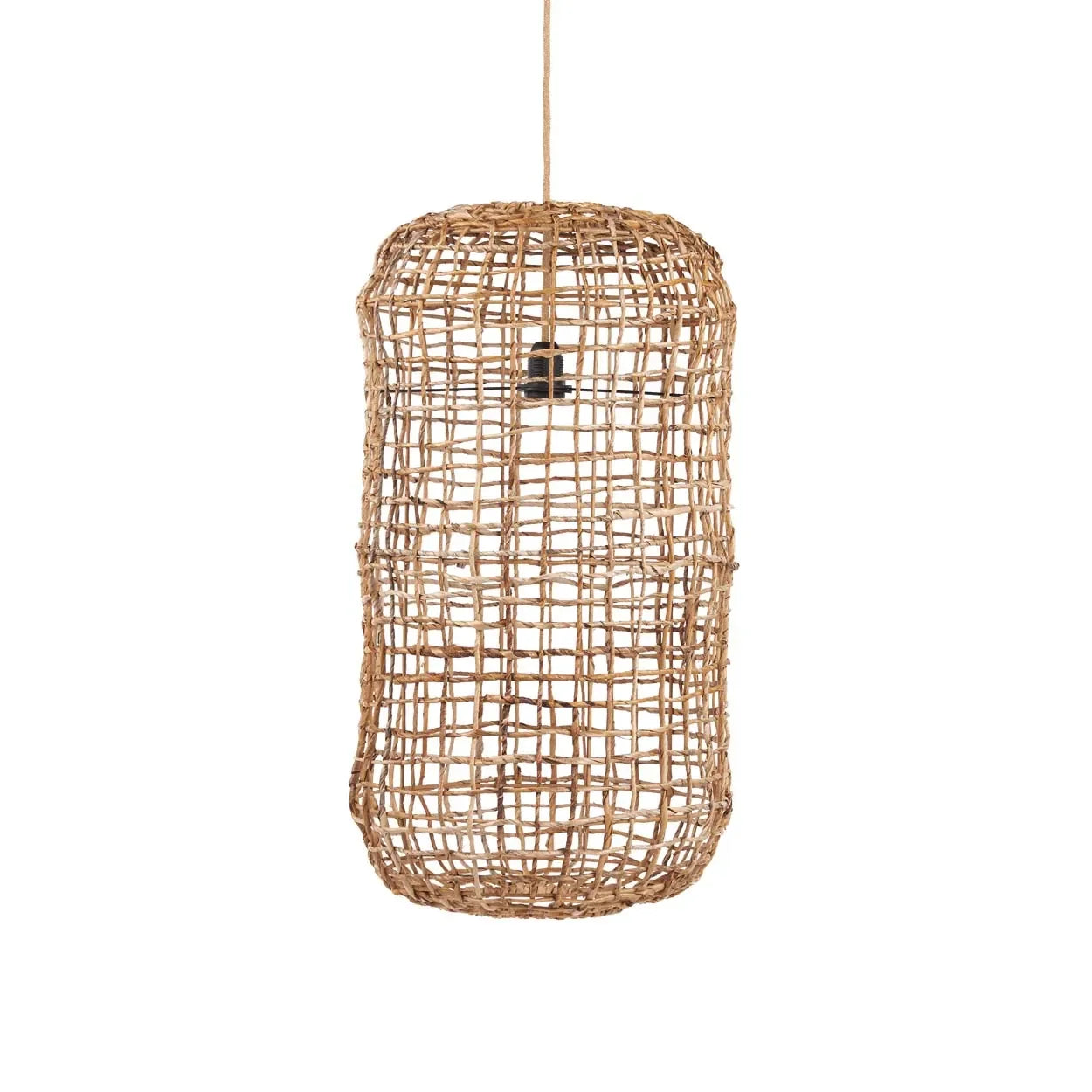 Suspension cylindrique en feuille de bananier ajourée avec lampes en coton naturel