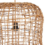 Suspension cylindrique en feuille de bananier ajourée naturelle avec luminaire en rotin tissé