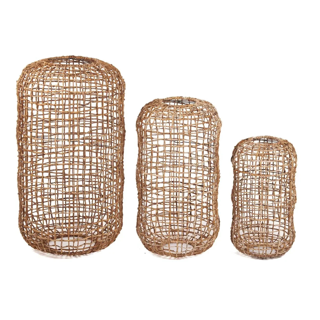 Panier cylindrique en feuille de bananier ajourée naturelle pour suspension H74 cm