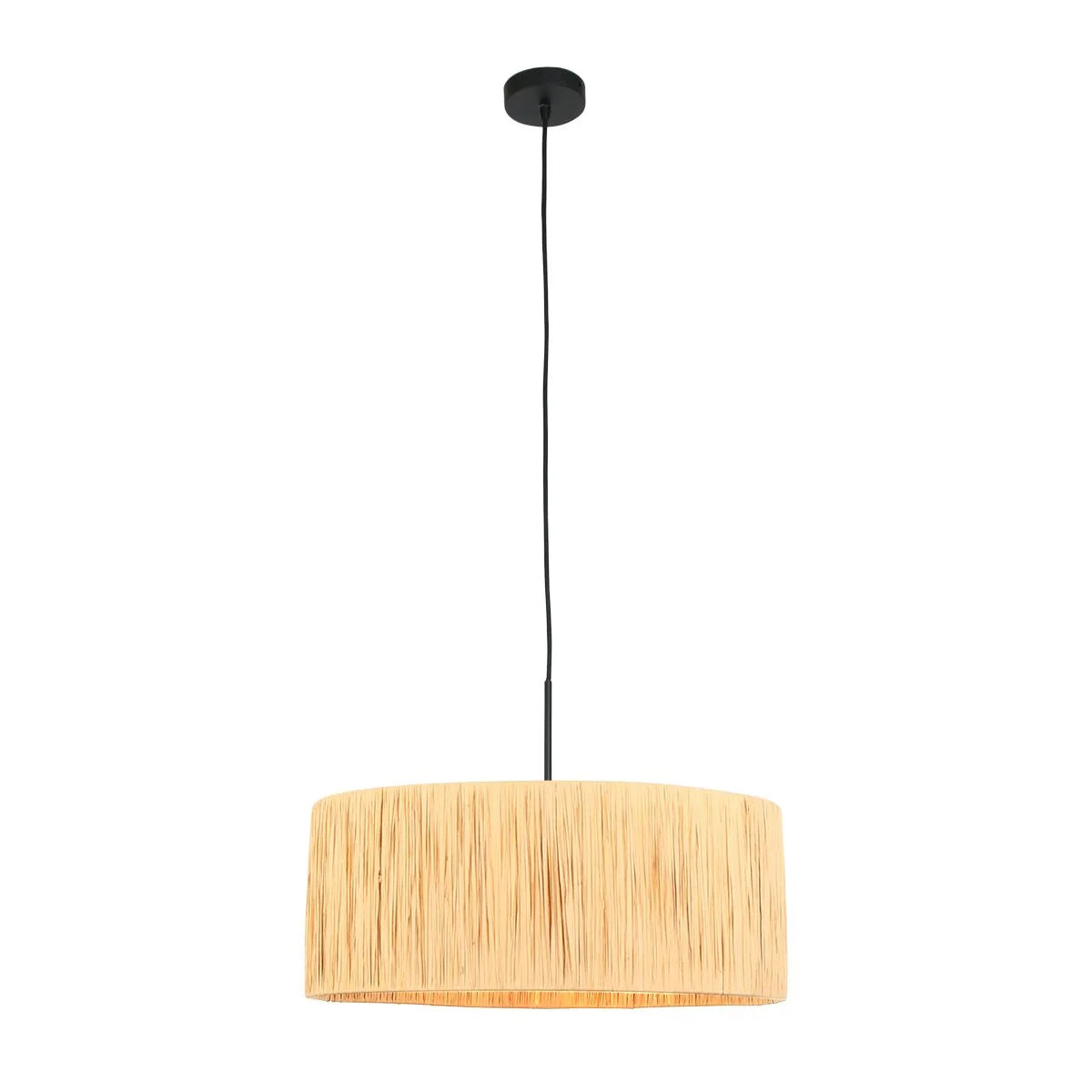 Suspension cylindrique en fibres naturelles beige avec câble noir, diamètre 50 cm