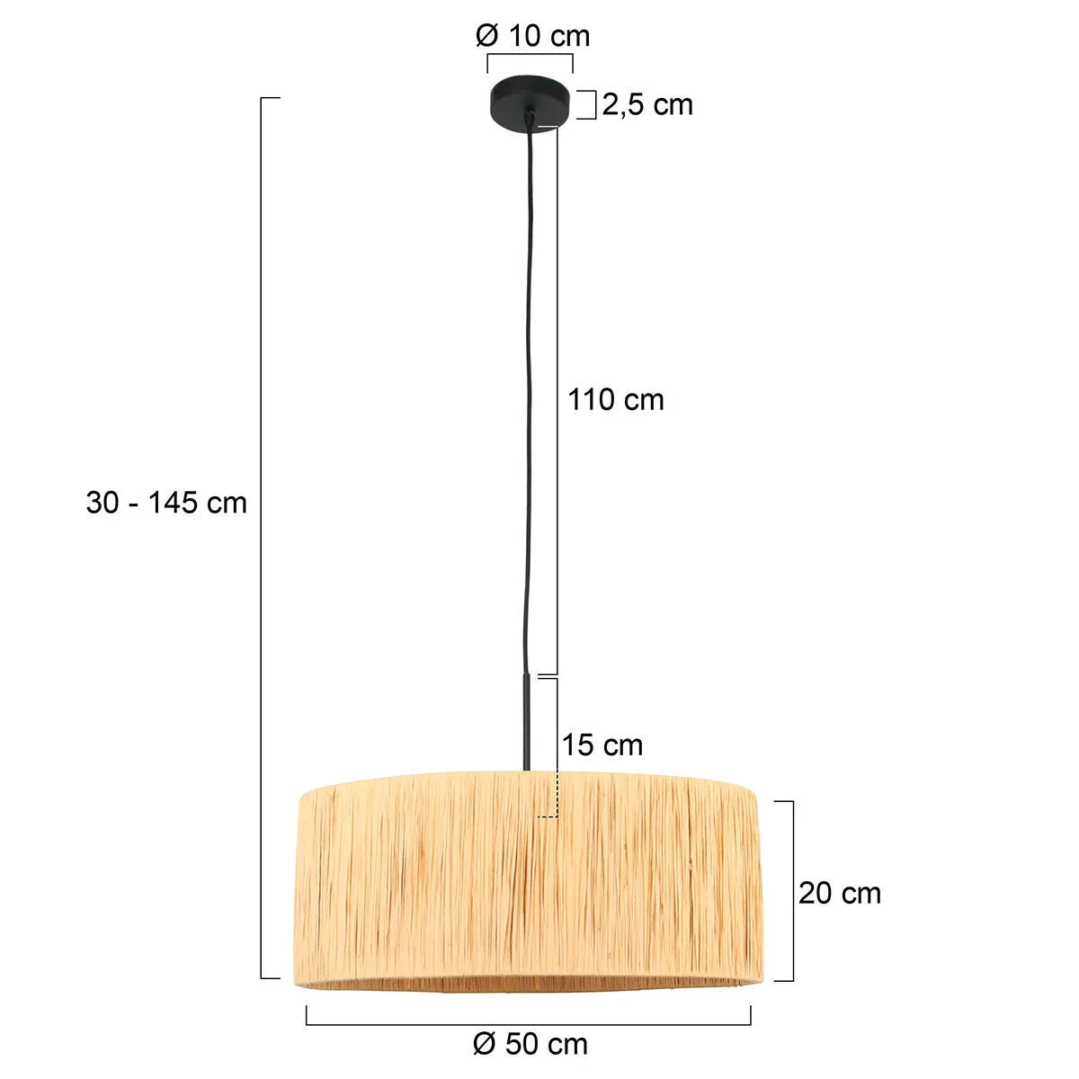 Suspension cylindrique en fibres naturelles beige avec câble noir, diamètre 50 cm
