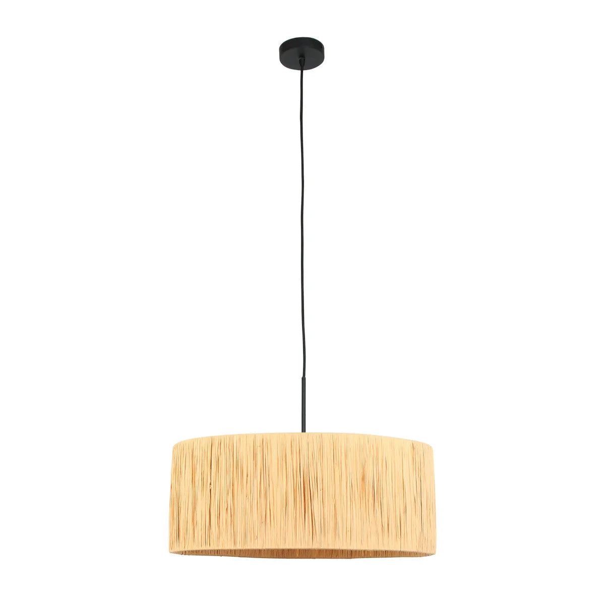 Suspension cylindrique en fibres naturelles beige avec câble noir et lampadaire Ø50 cm