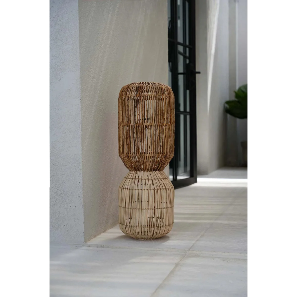 Suspension cylindrique en rotin naturel double niveau – H70 cm