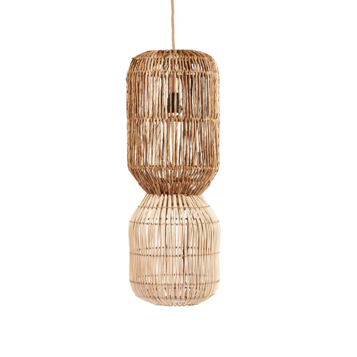 Lampe suspendue en rotin naturel cylindrique à double niveau, H70 cm