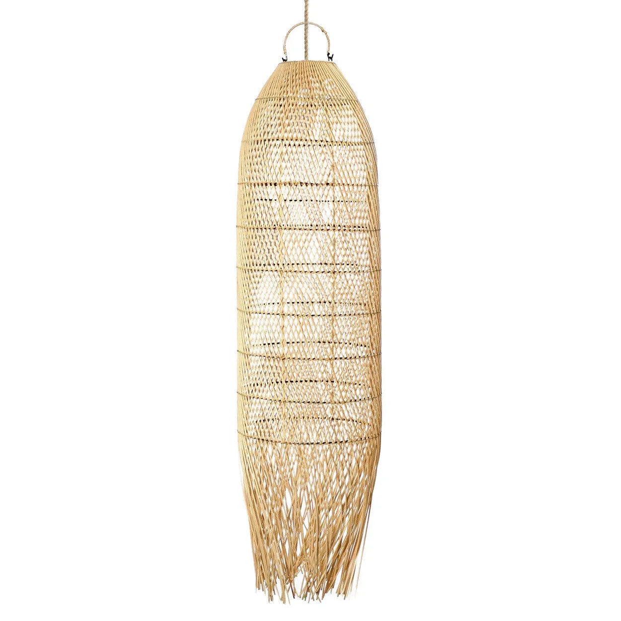 Suspension cylindrique en rotin naturel avec franges, hauteur H110 cm, éclairage élégant