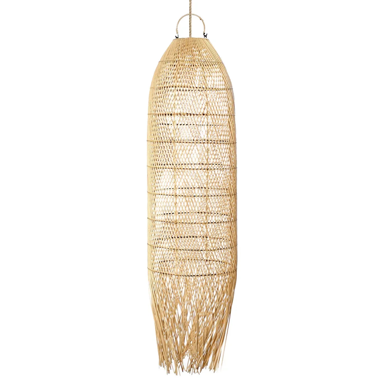 Suspension cylindrique en rotin naturel avec franges, éclairage bohème chaleureux