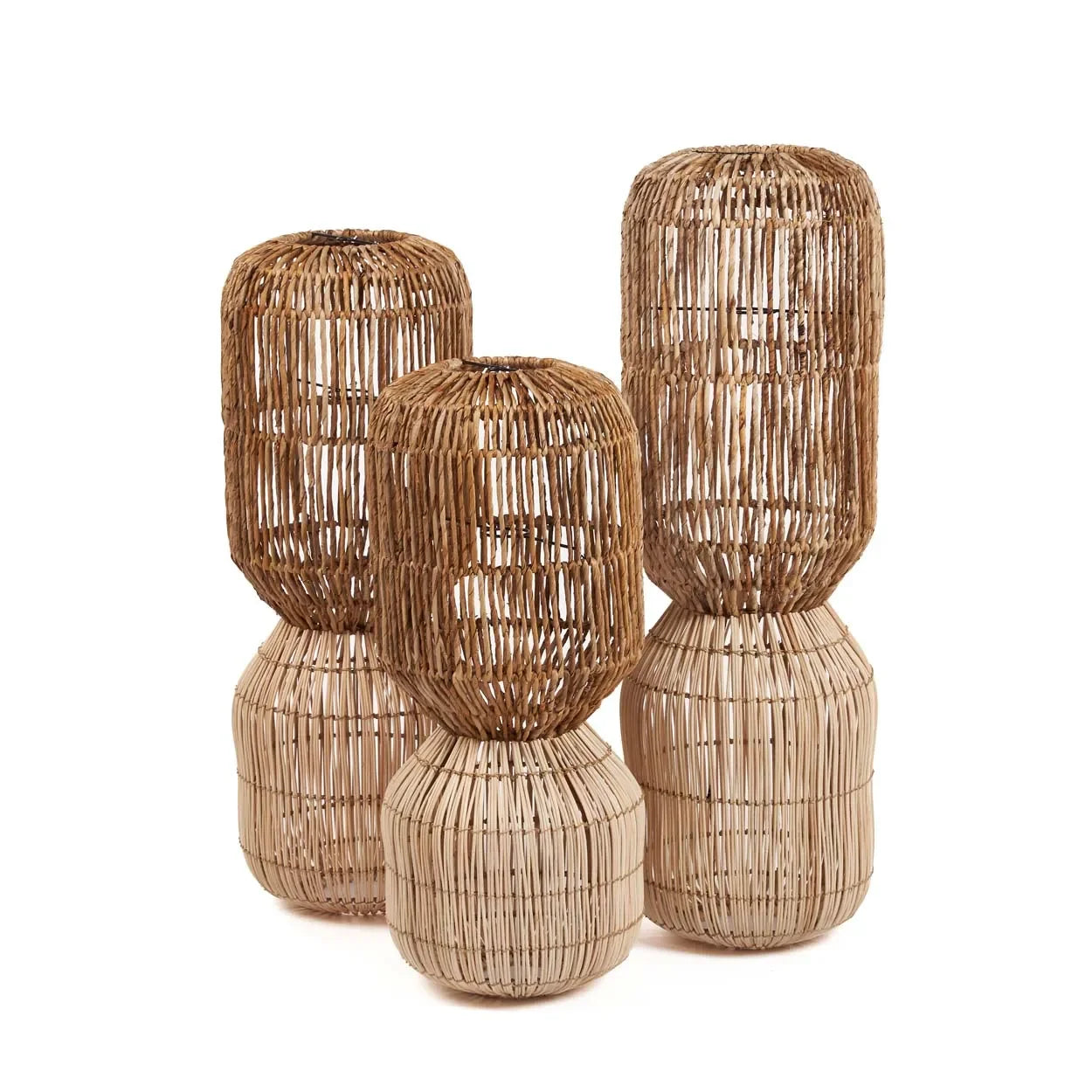 Lampe cylindrique en rotin tressé naturel avec motifs contrastés, H60 cm