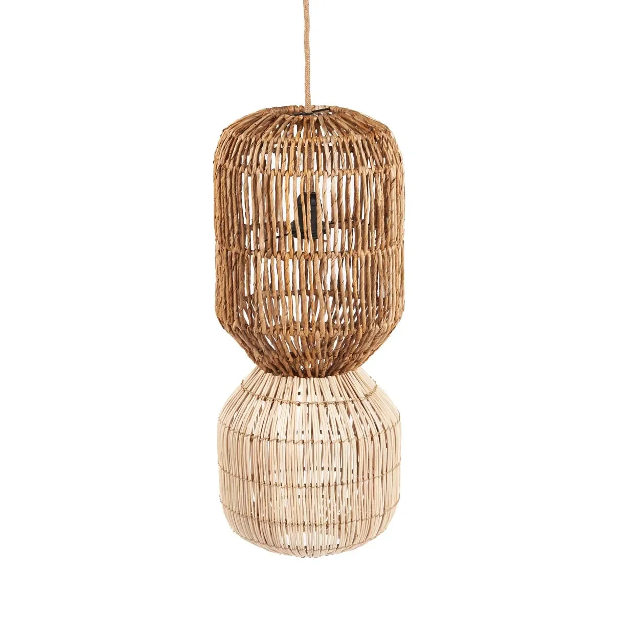 Suspension cylindrique en rotin tressé naturel avec motifs contrastés, hauteur 60 cm