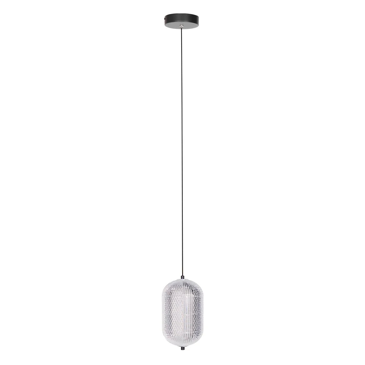 Suspension cylindrique en verre ajouré couleur naturelle avec pendentif éclairant grace à un verre texturé